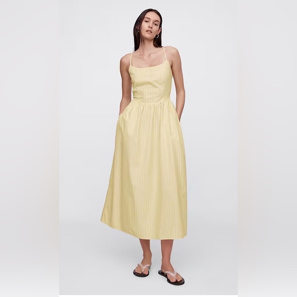 Gap Linen-Blend Dip Waist Stripes Midi Dress Beachy Vacation Sundress Summer